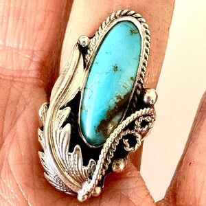 Navajo Turquoise Ring Sz 7 Sterling‎ Signed Vandever Long Leaf Native American